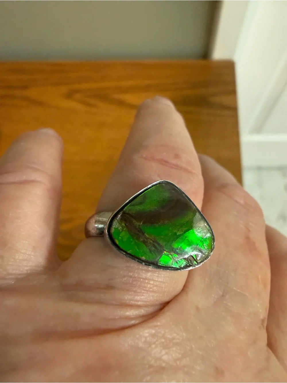 Vintage Ammolite Ring 925 Sterling Silver Size 9 Green Stone